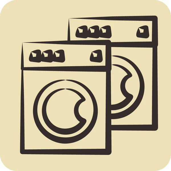 Ikon Mesin Cuci Terkait Dengan Simbol Laundry Gaya Gambar Tangan - Stok Vektor