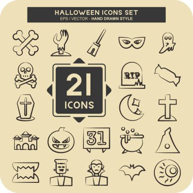 Simge Cadılar Bayramı 'nı ayarla. Cadılar Bayramı sembolü için uygun. El çizimi tarzı. Basit tasarım düzenlenebilir