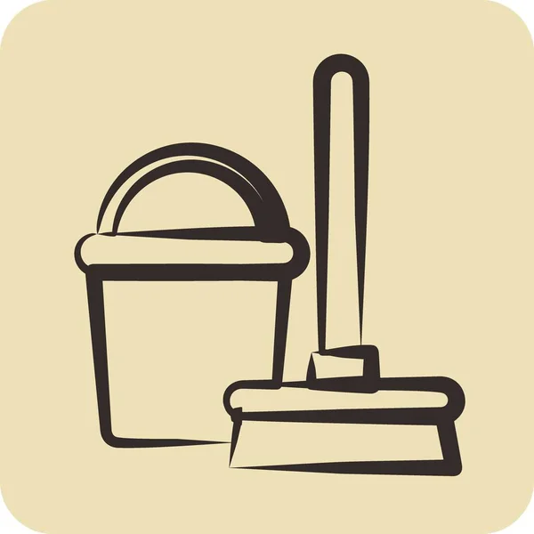 Icon Broom Bucket Vhodný Pro Dětský Symbol Ručně Kreslený Styl — Stockový vektor