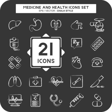 Icon Set Tıp ve Sağlık. Eğitim sembolü için uygun. Tebeşir stili. Basit tasarım düzenlenebilir