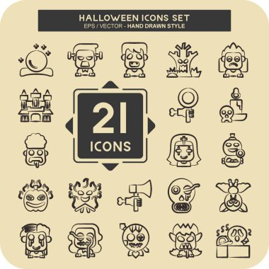 Simge Cadılar Bayramı 'nı ayarla. Kutlama sembolüyle ilgili. El çizimi tarzı. Basit dizayn edilebilir. Basit resimleme