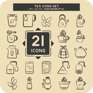 Icon Set Tea. İçecek sembolü ile ilgili. El çizimi tarzı. Basit dizayn edilebilir. Basit bir çizim. yeşil çay