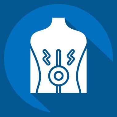 Sırt ağrısı ikonu. Vücut Ache sembolüyle ilgili. Uzun gölge tarzı. Basit dizayn edilebilir. Basit resimleme