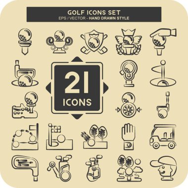 Simge kümesi Golf. Spor sembolüyle ilgili. El çizimi tarzı. Basit dizayn edilebilir. Basit resimleme