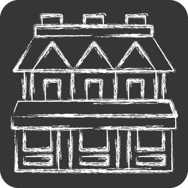 İkon Kasaba Evi. Konaklama sembolüyle ilgili. Tebeşir stili. Basit dizayn edilebilir. Basit resimleme
