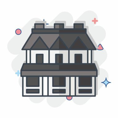 İkon Kasaba Evi. Konaklama sembolüyle ilgili. Çizgi roman. Basit dizayn edilebilir. Basit resimleme