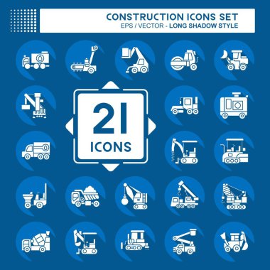 Simge Ayarlı İnşaat Araçları. İnşaat Makineleri sembolüyle ilgili. Uzun gölge tarzı. Basit dizayn edilebilir. Basit resimleme