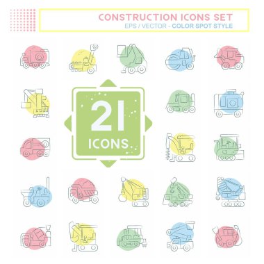 Simge Ayarlı İnşaat Araçları. İnşaat Makineleri sembolüyle ilgili. Renkli Leke Biçimi. Basit dizayn edilebilir. Basit resimleme
