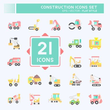 Simge Ayarlı İnşaat Araçları. İnşaat Makineleri sembolüyle ilgili. Düz stil. Basit dizayn edilebilir. Basit resimleme