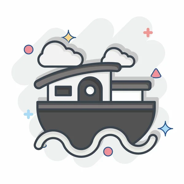 Πλοίο Εικονίδιο Σπίτι Σχετικά Σύμβολο Υποδοχής Κωμικό Στυλ Απλό Σχεδιασμό — Διανυσματικό Αρχείο