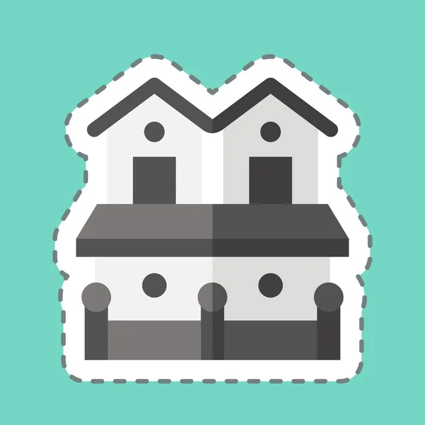 Garis Stiker Memotong Town House Terkait Dengan Simbol Akomodasi Desain - Stok Vektor
