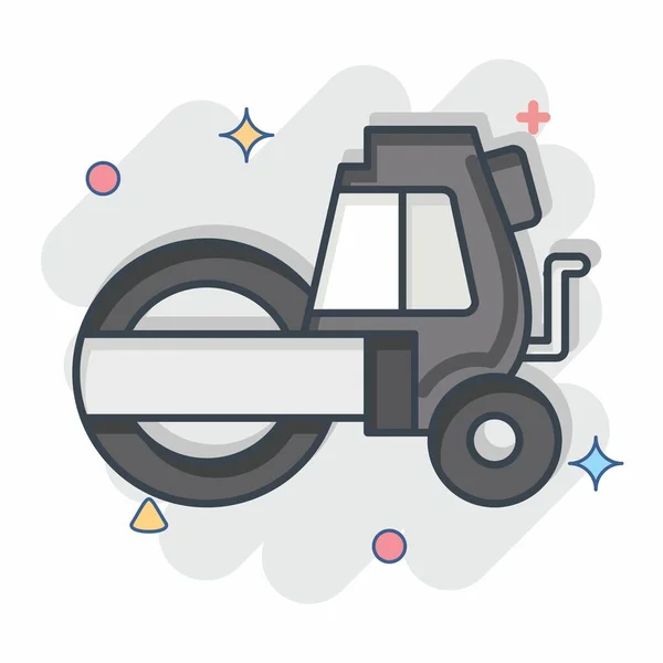Icona Steamroller Relativi Simbolo Dei Veicoli Costruzione Stile Comico Design — Vettoriale Stock