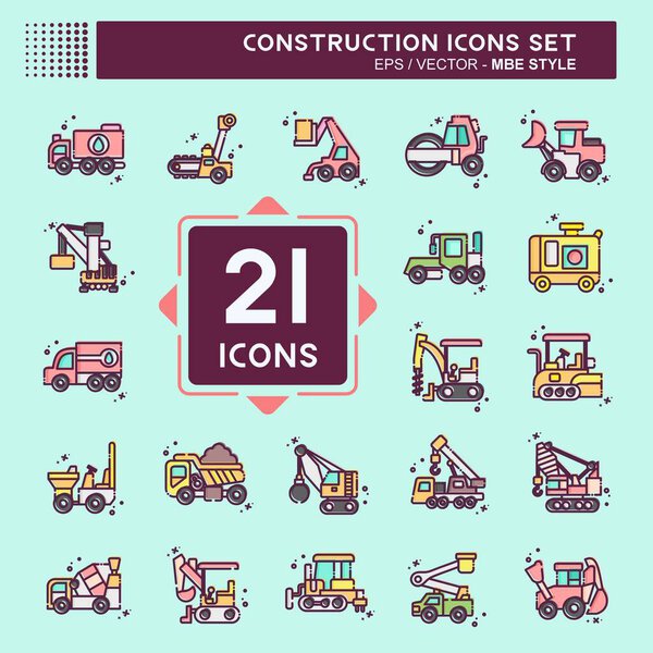 Icon Set Construction Vehicles. related to Construction Machinery symbol. MBE style. simple design editable. simple illustration