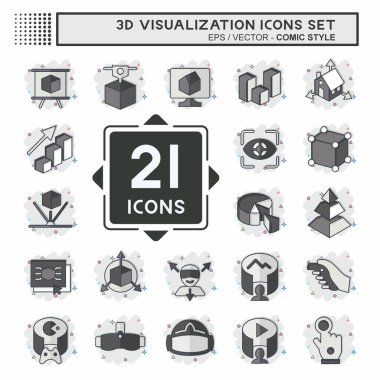 Simge 3 boyutlu görselleştirme. Üç boyutlu görselleştirme sembolüyle ilgili. Çizgi roman. Basit dizayn edilebilir. Basit resimleme