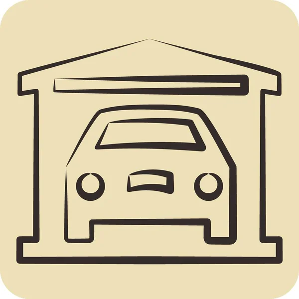 Icône Garage Lié Voiture Symbole Automobile Style Dessiné Main Conception — Image vectorielle