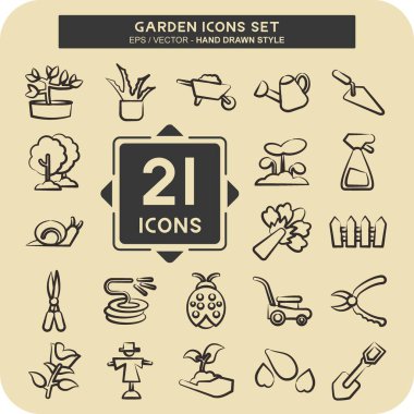 Icon Set Garden 'da. Bahçe sembolü için uygun. El çizimi tarzı. Basit dizayn edilebilir. tasarım şablonu. Basit resimleme