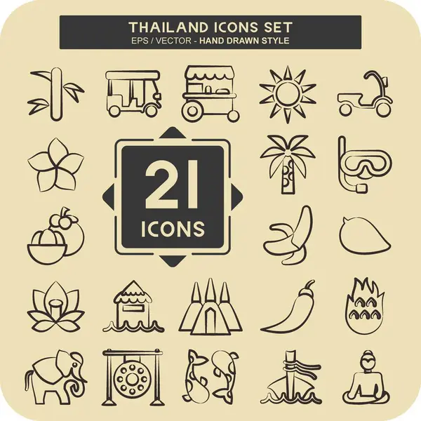 Simge Tayland 'ı ayarladı. Tayland sembolüyle ilgili. El çizimi tarzı. Basit dizayn edilebilir. Dünya Seyahati