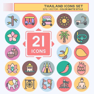 Simge Tayland 'ı ayarladı. Tayland sembolüyle ilgili. renk arkadaşı stili. Basit dizayn edilebilir. Basit bir çizim. Basit vektör simgeleri. Dünya Seyahat Turizmi. Tayland