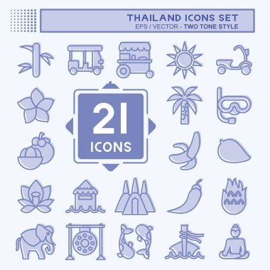 Simge Tayland 'ı ayarladı. Tayland sembolüyle ilgili. İki ton stili. Basit dizayn edilebilir. Basit bir çizim. Basit vektör simgeleri. Dünya Seyahat Turizmi. Tayland