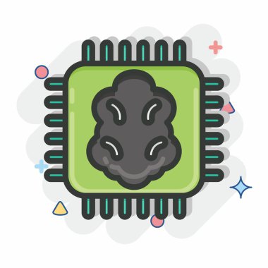 Simge Yapay Zekası. Makine Öğrenme sembolüyle ilgili. Çizgi roman tarzı. Basit dizayn edilebilir. Basit bir çizim. Basit vektör simgeleri