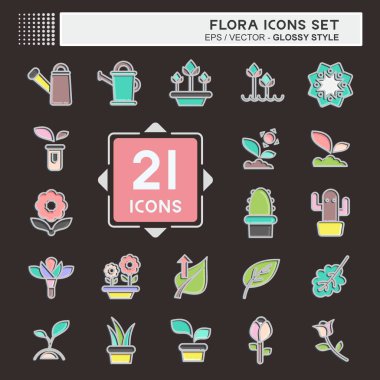 Icon Flora 'yı ayarladı. Flora sembolüyle ilgili. Parlak stil. Basit bir çizim. Bitki. Meşe ağacı. Yaprak. gül