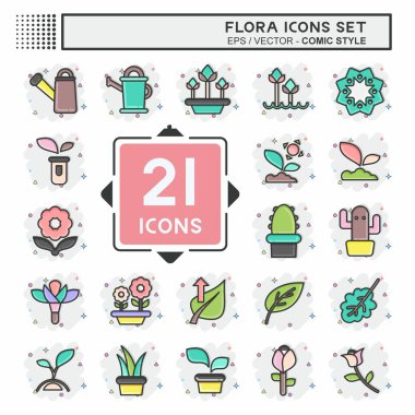 Icon Flora 'yı ayarladı. Flora sembolüyle ilgili. Çizgi roman tarzı. Basit bir çizim. Bitki. Meşe ağacı. Yaprak. gül