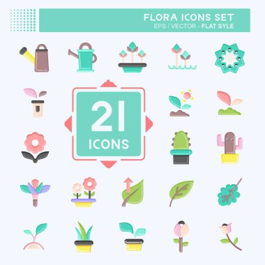 Icon Flora 'yı ayarladı. Flora sembolüyle ilgili. Düz stil. Basit bir çizim. Bitki. Meşe ağacı. Yaprak. gül