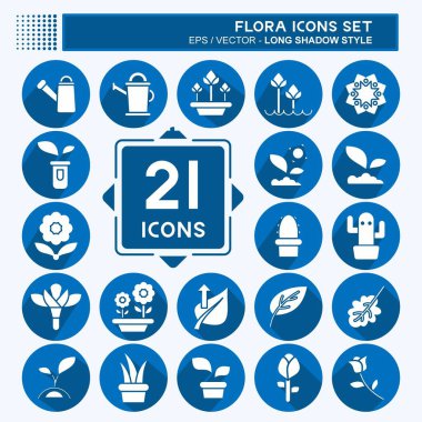 Icon Flora 'yı ayarladı. Flora sembolüyle ilgili. Uzun gölge tarzı. Basit bir çizim. Bitki. Meşe ağacı. Yaprak. gül