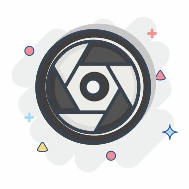 Simge kamera lensleri. Fotoğrafçılık sembolüyle ilgili. Çizgi roman tarzı. Basit dizayn edilebilir. Basit resimleme