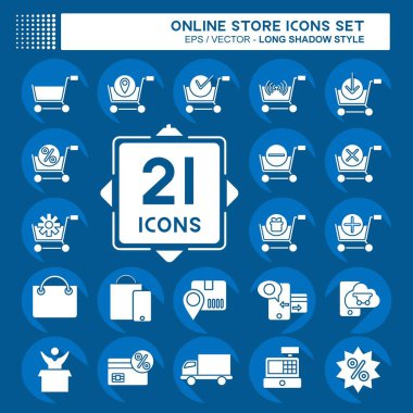 Icon Set Online Store. related to Online Store symbol. long shadow style. simple illustration. shop