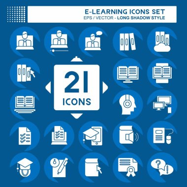 Simge Kümesi E-Öğrenme. Eğitim sembolüyle ilgili. Uzun gölge tarzı. Basit dizayn edilebilir. Basit resimleme