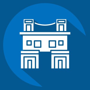 İkon Kasaba Evi. Konaklama sembolüyle ilgili. Uzun gölge tarzı. Basit dizayn edilebilir. Basit resimleme