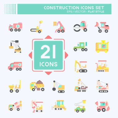 Simge Ayarlı İnşaat Araçları. İnşaat Makineleri sembolüyle ilgili. Düz stil. Basit dizayn edilebilir. Basit resimleme