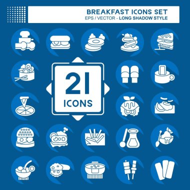 Icon Kahvaltıyı Ayarla. Gıda ve Lokanta sembolüyle ilgili. Uzun gölge tarzı. Basit dizayn edilebilir. Basit resimleme
