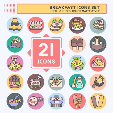 Icon Kahvaltıyı Ayarla. Gıda ve Lokanta sembolüyle ilgili. renk arkadaşı stili. Basit dizayn edilebilir. Basit resimleme