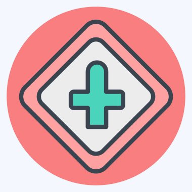 İkona Kavşağı Önünde. Yol İşareti sembolüyle ilgili. renk arkadaşı stili. Basit dizayn edilebilir. Basit resimleme