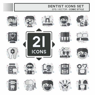 Simge Ayarlama Dişçisi. Medice sembolüyle ilgili. Çizgi roman. Basit dizayn edilebilir. Basit resimleme