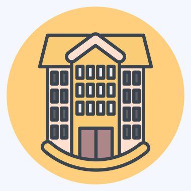 İkon Okulu. Simge Binası sembolüyle ilgili. renk arkadaşı stili. Basit dizayn edilebilir. Basit resimleme