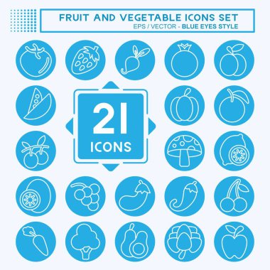 Icon Seti Meyve ve Sebze. Sağlıklı sembolle ilgili. Mavi gözlü. Basit dizayn edilebilir. Basit resimleme