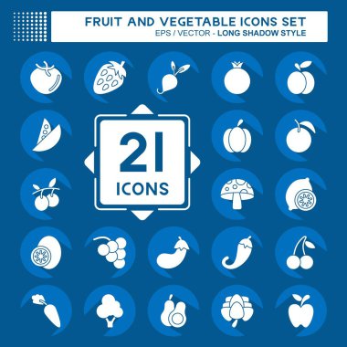 Icon Seti Meyve ve Sebze. Sağlıklı sembolle ilgili. Uzun gölge tarzı. Basit dizayn edilebilir. Basit resimleme