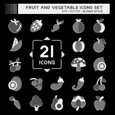 Icon Seti Meyve ve Sebze. Sağlıklı sembolle ilgili. Parlak bir stil. Basit dizayn edilebilir. Basit resimleme