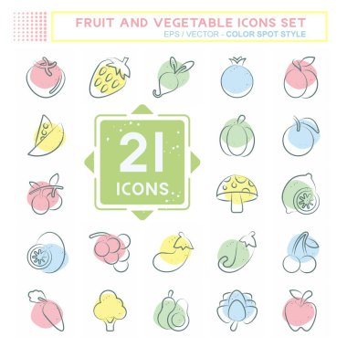 Icon Seti Meyve ve Sebze. Sağlıklı sembolle ilgili. Renkli Leke Biçimi. Basit dizayn edilebilir. Basit resimleme