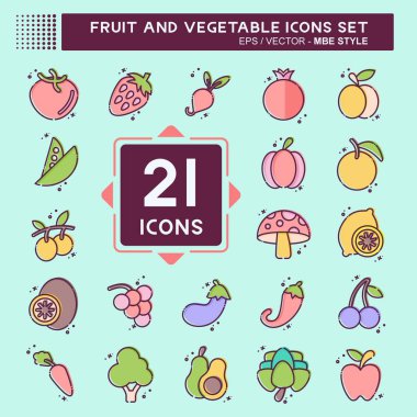 Icon Seti Meyve ve Sebze. Sağlıklı sembolle ilgili. MBE tarzı. Basit dizayn edilebilir. Basit resimleme
