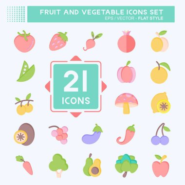 Icon Seti Meyve ve Sebze. Sağlıklı sembolle ilgili. Düz stil. Basit dizayn edilebilir. Basit resimleme