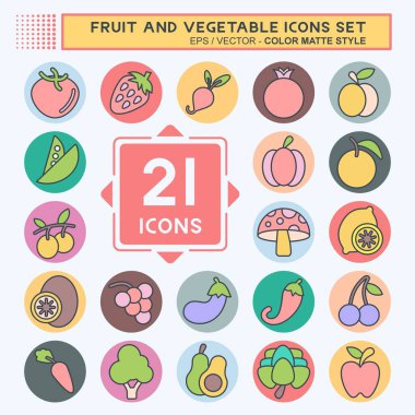 Icon Seti Meyve ve Sebze. Sağlıklı renk arkadaşı tarzıyla ilgili. Basit dizayn edilebilir. Basit resimleme