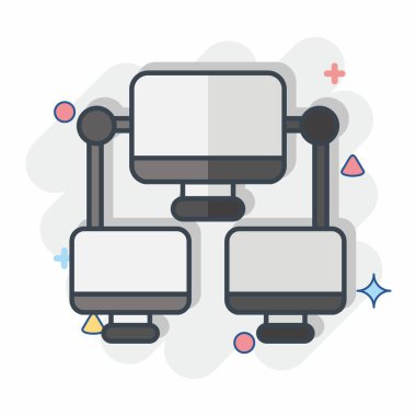 Simge Bağlantısı Bilgisayarı. İletişim sembolüyle ilgili. Çizgi roman. Basit dizayn edilebilir. Basit resimleme