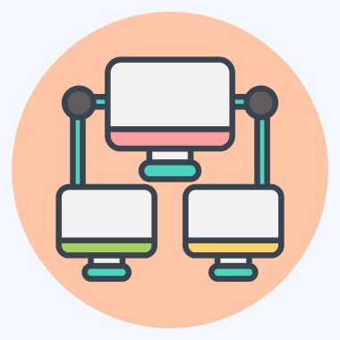 Simge Bağlantısı Bilgisayarı. İletişim sembolüyle ilgili. renk arkadaşı stili. Basit dizayn edilebilir. Basit resimleme