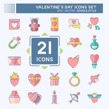 İkon Sevgililer Günü 'nü ayarla. Aşk sembolüyle ilgili. Karalama stili. Basit dizayn edilebilir. Basit resimleme