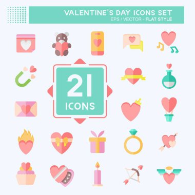 İkon Sevgililer Günü 'nü ayarla. Aşk sembolüyle ilgili. Düz stil. Basit dizayn edilebilir. Basit resimleme