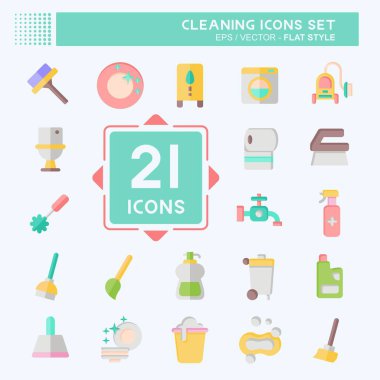 Simge Kümesi Temizliği. Ev aletleri sembolüyle ilgili. Düz stil. Basit dizayn edilebilir. Basit resimleme